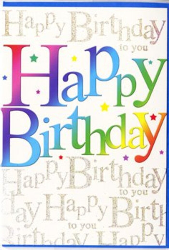 In this image, a birthday card takes centre stage, its design echoing the lively, welcoming character of the Fortis Green area. Across the middle, the phrase Happy Birthday stretches in exuberant, rounded letters that immediately draw the eye. These letters are bathed in a rainbow of colour that gently shifts from rich reds and pinks through royal purples and deep blues into fresh greens and soft golds. The transitions are smooth and painterly, like the careful blending of tones in a mixed bouquet arranged on the workbench of Fortis Green Florist. Each letter appears subtly modelled with shadows and highlights, giving it a slightly raised, almost tactile quality, as though the ink has been laid on thick and glossy. Around the central wording, small splashes of colour in the form of stars and dots dance lightly across the surface, invoking the playful feel of confetti tossed into the air during a birthday toast in a local café along Fortis Green Road. Behind this joyful display, the background is covered in delicate gold handwriting, the phrase Happy Birthday to you repeated rhythmically in looping cursive lines. This script forms a luminous pattern that catches the light at different angles, adding a layer of elegance and depth to the composition. The contrast between the bold, colourful letters and the refined golden calligraphy creates harmony rather than clutter, much like the balance between feature blooms and subtle foliage in a thoughtfully composed floral arrangement. The card's overall mood is heartening and celebratory, perfect to pair with fresh flowers delivered to nearby streets, bringing colour and warmth to a birthday table even before it is opened.