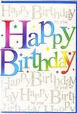 The birthday card in this scene feels like a little burst of celebration ready to be paired with a bright bouquet from a Fortis Green florist. The main greeting, Happy Birthday, runs confidently across the front in large, rounded letters that look soft and welcoming rather than formal. Each letter showcases a smooth sweep of colour, moving from bold reds and berry tones through cool purples and blues into fresh greens and sunshine yellows, much like the shifting hues in a garden border near Cherry Tree Wood at peak bloom. Gentle shading deepens the colours and suggests a slight embossing, so the text seems to hover just above the surface. Scattered around the lettering are tiny star motifs and dots in complementary colours, which give the impression of confetti lightly settling after a cheer. In the background, a veil of fine gold script repeats the line Happy Birthday to you in fluid, looping strokes. This metallic writing forms a subtle pattern that shimmers when imagined light touches it, echoing the refined shine of gold twine or ribbon wrapped around a hand-tied arrangement. The combination of vibrant, playful typography and delicate, decorative script strikes a pleasing equilibrium: joyful enough for a lively party in Muswell Hill, yet polished enough for a more intimate family gathering at home. The design is visually rich without feeling fussy, offering texture, depth, and warmth. It's easy to picture this card standing beside a vase of locally delivered flowers on a Fortis Green mantelpiece, its rainbow hues and glimmering background quietly amplifying the joy of the occasion.